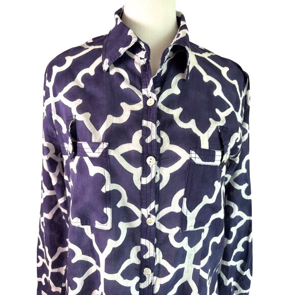 Roberta Roller Rabbit Shirt Dress Size XS Geo Print Navy White Sheer Long Sleeve - Picture 2 of 11